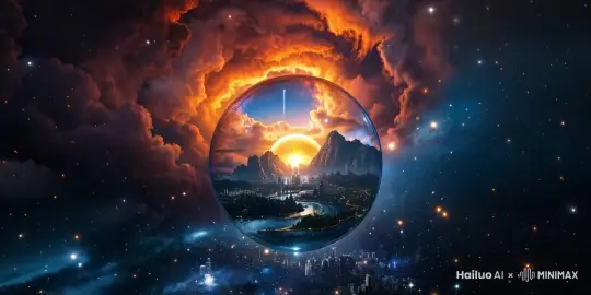 构建一个超现实的宇宙视角，画面上方是一片如燃烧火海般的星云，浓烈色彩晕染开来，中心区域似有神秘能量漩涡流转。下方则是一片密集的星团，星星大小不一、明暗交错。在星团与星云之间，悬浮着一座透明的水晶球，球内有山川河流、城市灯火，仿若一个微观世界。此时，日月如同被无形之手牵引，从水晶球两侧徐徐升起，光芒穿透球内景致，洒向四周星辰。而那浩瀚星汉，围绕着水晶球铺展开来，熠熠生辉，仿佛宇宙间所有的精彩与奥秘，都藏于这片星汉之中，契合诗句营造的意境。8k分辨率，疯狂的细节，电影级别画质。 by Hailuo AI Video Generator