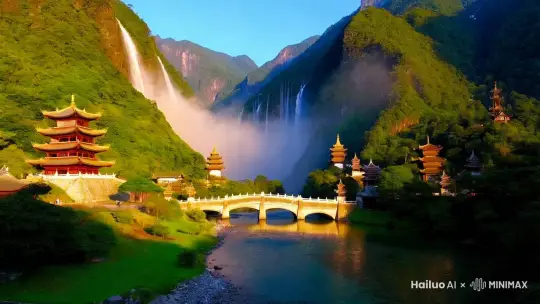 在这山水之间，藏着一方诗意天地。（镜头展示阳光洒在翠绿山峦，瀑布飞流直下，亭台楼阁错落，石桥横跨溪流的全景，时长 8 秒） by Hailuo AI Video Generator
