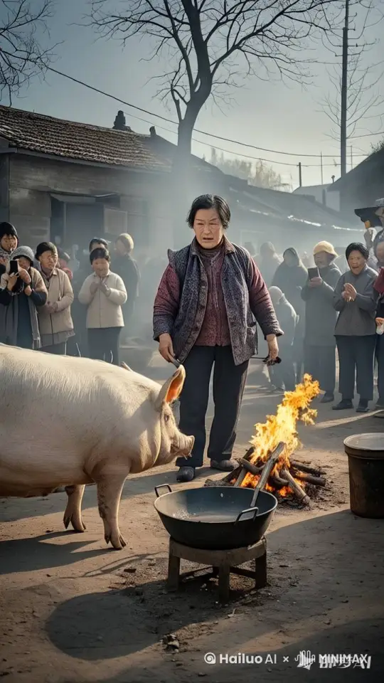 镜头移动，动态跟随，母猪率先发起攻击，它左腿猛地一蹬地，高高跃起，右脚如旋风般扫向左边老人的头部。老人机灵地低头闪躲，同时猛地向前一冲，用头顶向母猪的腹部，左拳如雷霆万钧之势直击母猪的侧身。右边的母猪变成身穿红衣的女子，侧身一扭，避开拳头，跳起来施展出迅猛的连环踢猛踢向老人。老人迅速抽回手，母猪突然高高跃起，向老人踢去，老人趁母猪落地未稳，飞起一脚踢在母猪的后腿上，他们的招式刚柔并济，时而是刚猛的直拳，时而是柔美的转身回旋踢。其它的人都站起身来鼓掌呐喊。
 by Hailuo AI Video Generator
