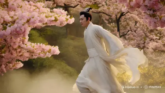 一个中国男性神仙,英俊帅哥,束发,缓缓飞翔在桃花林里,他身后的桃树背景不断变化,他穿着轻薄的汉服,白衣胜雪,在桃花盛开的林间穿梭飞行,金色的光粒子环绕着男子,他的轻纱薄衣飘逸,随风飘扬,衣袂飘飘如烟似雾,男子一直向前飞行,镜头追随男子的移动,背景的树木随着人物移动而自然的变化,云雾缭绕翻滚流动 by Hailuo AI Video Generator