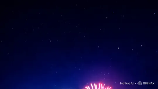 霎时，夜空被一抹绚烂点亮，仿佛星辰骤降；顿时，五彩斑斓的烟花在空中绽放，犹如梦幻的画卷缓缓展开；忽然，一声巨响，最后的烟花如流星般划破天际，留下一道璀璨而短暂的痕迹，让人沉醉不已 by Hailuo AI Video Generator