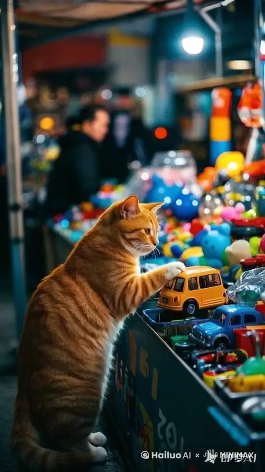 橙色的猫，正在玩具摊前接过一个黄色小车玩具，爪子拍紧紧的拿着这个黄色小车的玩具。背景是夜市，有摆放的玩具和模糊的人群。夜市，玩具，玩耍，夜晚。 by Hailuo AI Video Generator