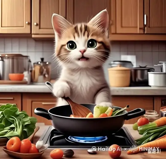 猫咪把菜到进锅里，熟练地翻动着锅里的菜，还拿起锅铲舀了一点尝了尝，觉得很满意 by Hailuo AI Video Generator