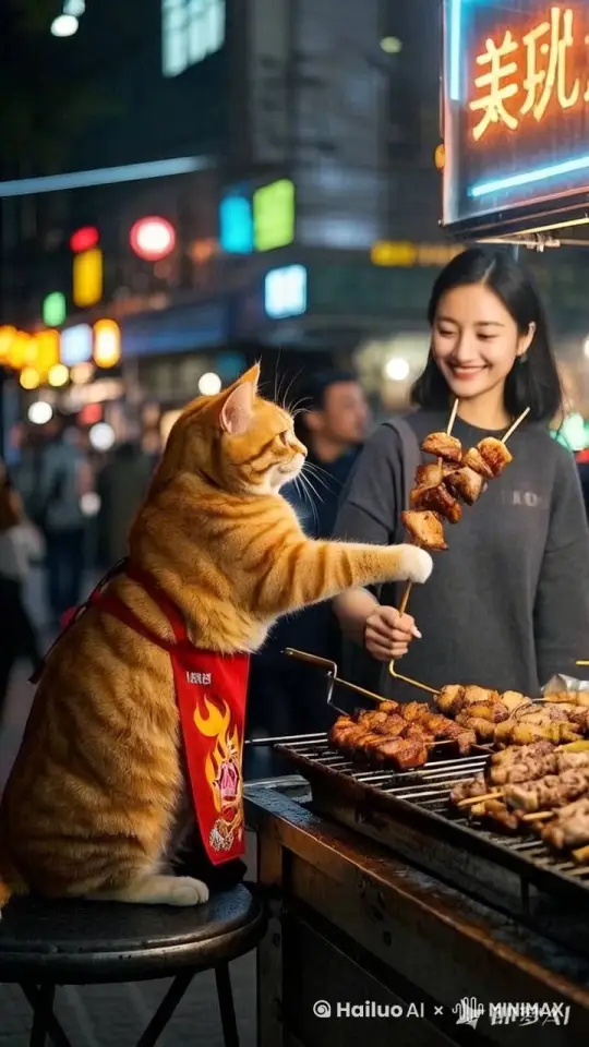 橙色的猫，穿着带有火焰图案的围裙，站在烤羊肉摊位前，正拿着一串烤好了的羊肉串递给一个美女，美女微笑的接过羊肉串！背景是夜市，有烧烤摊和闪烁的灯光。夜市，美食，热闹，夜晚。 by Hailuo AI Video Generator