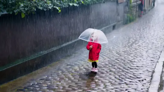 下雨啦，一个小女孩撑着透明的伞走在路上 by Hailuo AI Video Generator