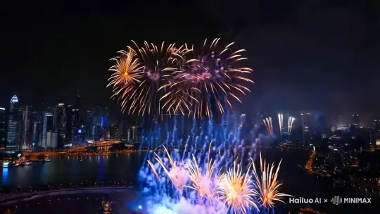 帮我生成一个2025的跨年烟花秀需要有烟花的声音和绚丽的烟花。以及长一些的视频。大型烟花秀就是以人类的视觉去观望的那种。这样子生成出来的。会漂亮一点，如果要是从远处观望城市的话不是很好看。其次呢就是要有大型烟花秀还要有那个烟花声音的视频 by Hailuo AI Video Generator