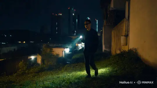 一个男人戴着黑色眼镜，拿着手电筒在黑夜中行走。 by Hailuo AI Video Generator