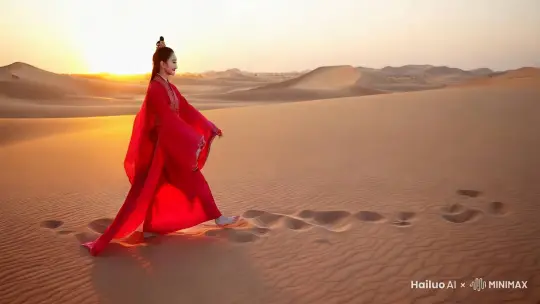 夕阳西照，沙漠中，一名穿唐服的红衣的美女赤脚缓缓走远，衣服随风飘扬，沙漠中留下她走远的脚印。镜头拉进美女慢慢转头微笑， by Hailuo AI Video Generator