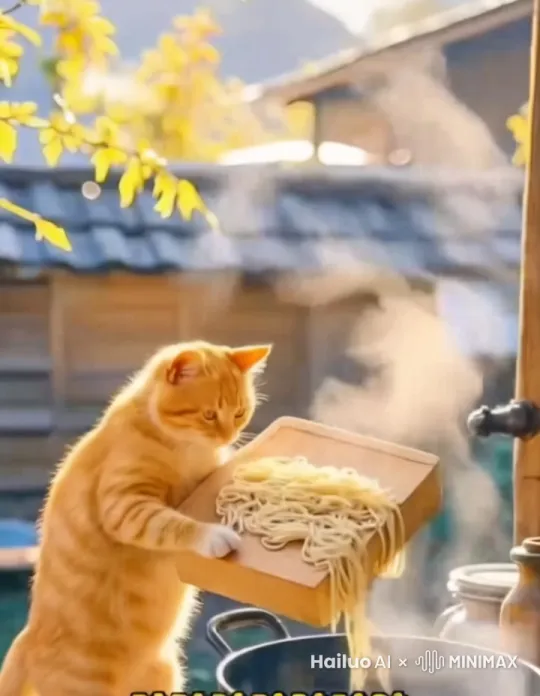 小橘猫把面条倒进锅里，准备煮面条。 by Hailuo AI Video Generator