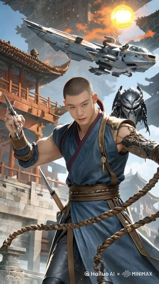 男人把飞镖扔向飞船，和铁血战士打了起来 by Hailuo AI Video Generator