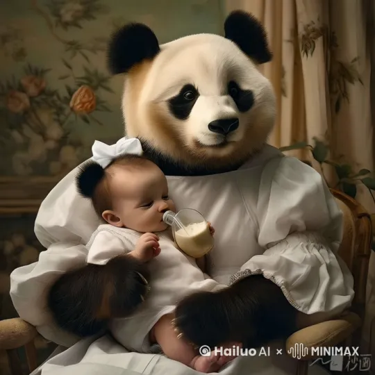 拟人化熊猫正在哄人宝宝吃奶，穿着保姆的衣服，身体左右摇晃，嘴里哼着小曲，动作自然流畅 by Hailuo AI Video Generator