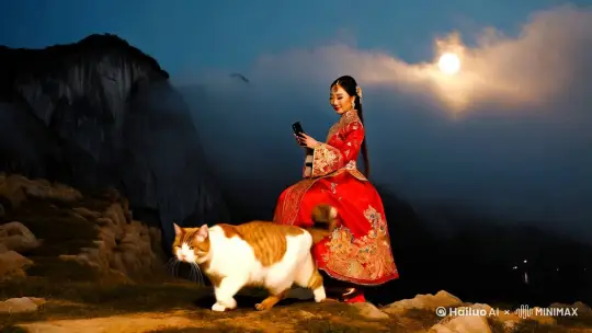 月光下，云雾缭绕的华山，迎面扑来一只巨型美短，背着一个身穿凤冠霞帔的女子，手里拿着苹果11pro，电影质感， by Hailuo AI Video Generator