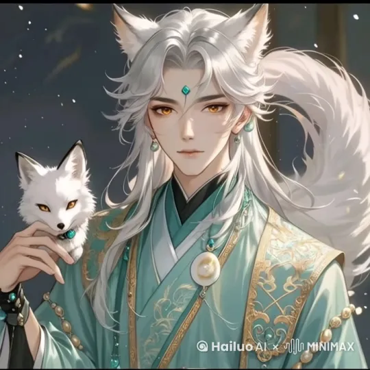 男子和肩膀上的小狐狸互动，用手指抚摸小狐狸。 by Hailuo AI Video Generator