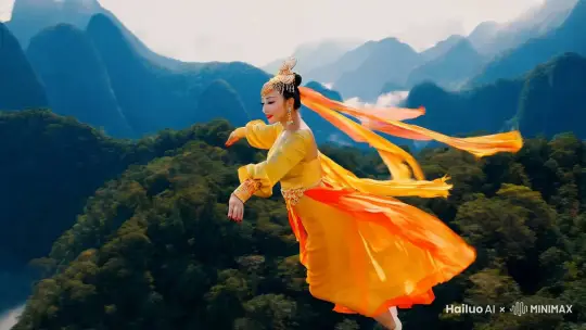 1. （快速高空跟踪镜头移动，无人机视角，36k 高清 ）一个超现实的高速梦境序列，一位身着敦煌服饰的精美佳人优雅地向前飞行，（金黄色与橙色相间的飘带流裙随风飘动，肩部的飘带轻盈摇曳 ）她双臂摆出优美的造型，绝美的面容令人陶醉，精美的头饰和耳环在阳光下闪耀。相机从略高位置的俯视角度紧密跟踪，从左后方向右后方移动，保持对佳人飞行姿势的持续视角，随着她迅速穿越云南的美景。环境是动态的，快速变化，下面是壮丽的山脉和广袤的森林，（四周是洁白的云朵，远处是波光粼粼的湖泊 ）运动模糊和光迹增强了速度感和流畅性。快速移动。 by Hailuo AI Video Generator