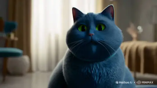一只蓝色的胖猫人在讲话，质问的表情 by Hailuo AI Video Generator