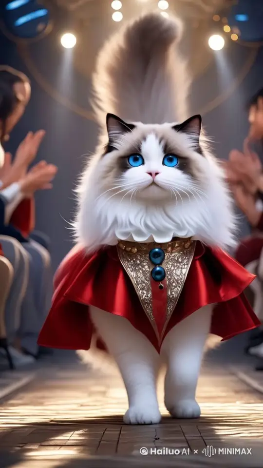 猫正在走秀，步伐优雅向前走来，两边的观众鼓掌，背景灯光闪烁。 by Hailuo AI Video Generator
