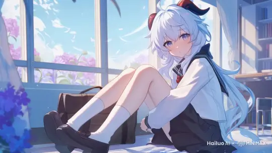 女孩头发飘动，前景的画飘动，有花边飘落，眨眼 by Hailuo AI Video Generator