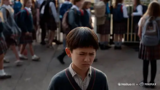 一位小男孩看着校门口人来人往的同学进入校园，他的脸上满是不满和沮丧，回头看向镜头 by Hailuo AI Video Generator