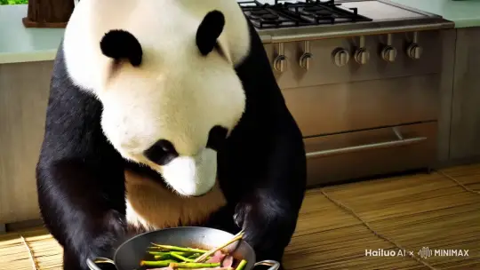 一只熊猫在做竹笋炒肉给三个小孩子们吃 by Hailuo AI Video Generator