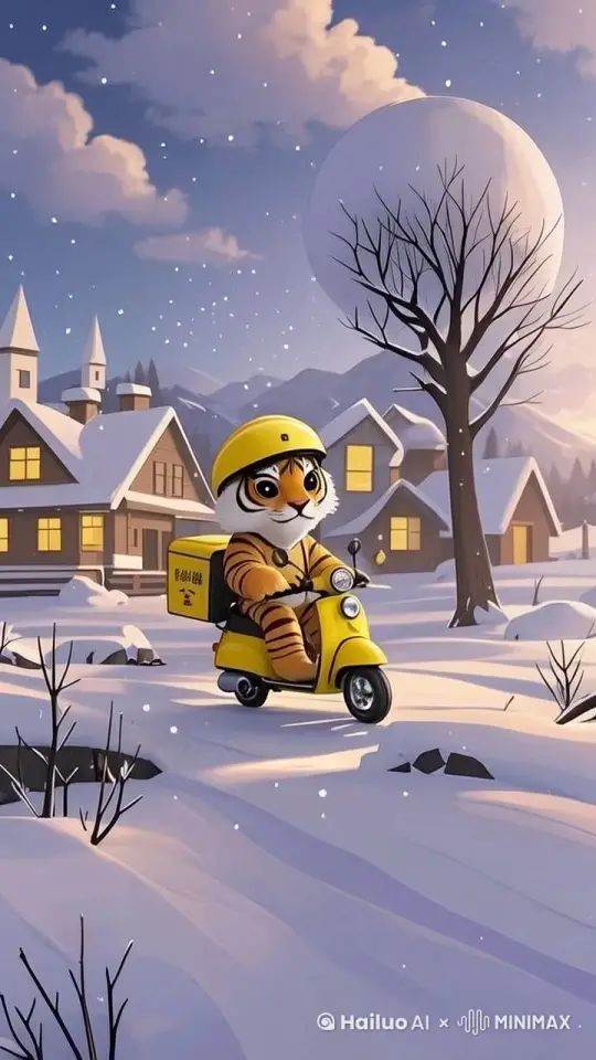 摩托车行驶起来，地上泛雪花，人物和摩托车差点滑倒倒，然后归正继续前行，骑到一户门前停下来。门里出来一位牛先生，老虎把外卖递给牛先生镜头动态跟随 by Hailuo AI Video Generator