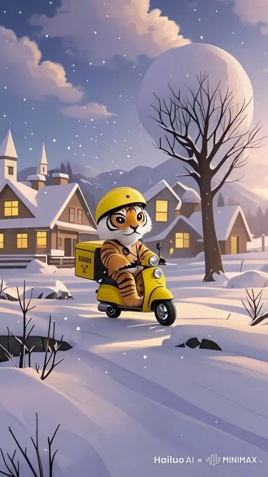 摩托车行驶起来，地上泛雪花，人物和摩托车差点滑倒倒，然后归正继续前行，骑到一户门前停下来。，骑摩托的老虎把外卖递给了从屋里出来的人，屋里的人表示感谢。镜头动态跟随 by Hailuo AI Video Generator