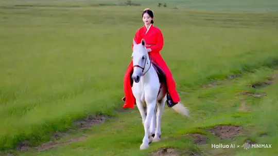 草原上一位穿着红色汉服的美丽少女骑着一匹纯白的骏马朝镜头跑来，越过镜头后镜头追踪少女的背影，少女渐渐跑远 by Hailuo AI Video Generator