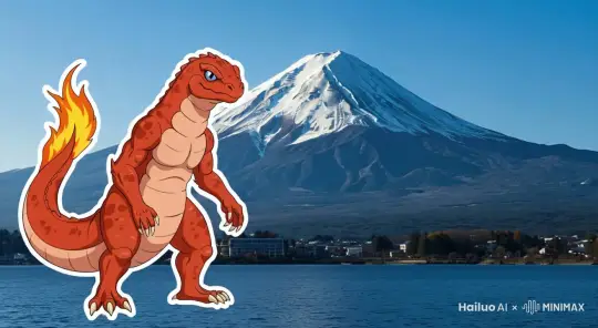 小火龙从富士山中出现，开始喷火破坏。 by Hailuo AI Video Generator