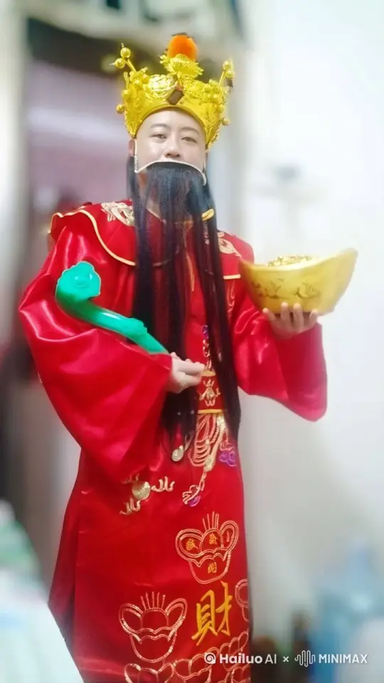 帮我生成一个图片中的财神爷打撒金币、元宝的视频 by Hailuo AI Video Generator