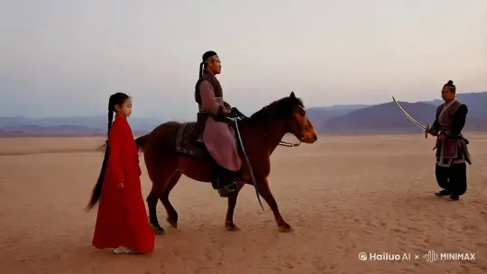 汉风 红衣少女 剑客 汗血宝马 骑马奔腾 戈壁沙漠 全景 由远及近 侧面 by Hailuo AI Video Generator