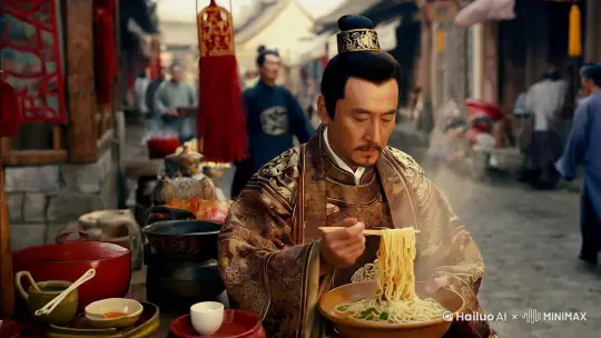 一个身穿唐朝股装的男人，坐在街头的小面摊前吃面，面色凝重，镜头逐渐拉远，展示街头的喧闹，画面色调自然 by Hailuo AI Video Generator