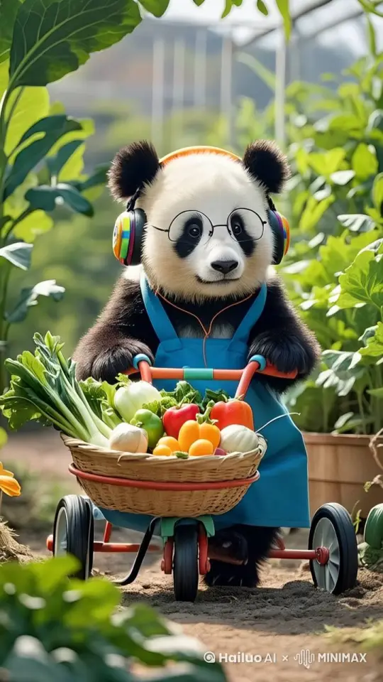 高清摄影，动态镜头，可爱的熊猫听着动感音乐摇头晃脑，熊猫骑着车向镜头疾驰快速驶来，旁边的菜叶被风吹动，画面更生动。 by Hailuo AI Video Generator