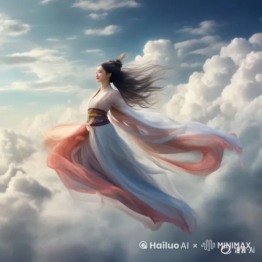 古装美女，在云海中自由自在的飞翔穿梭 by Hailuo AI Video Generator