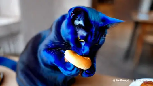 蓝色猫人在吃汉堡 by Hailuo AI Video Generator