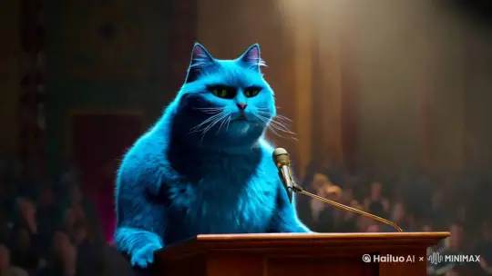 一个蓝色的胖猫站在舞台上演讲 by Hailuo AI Video Generator