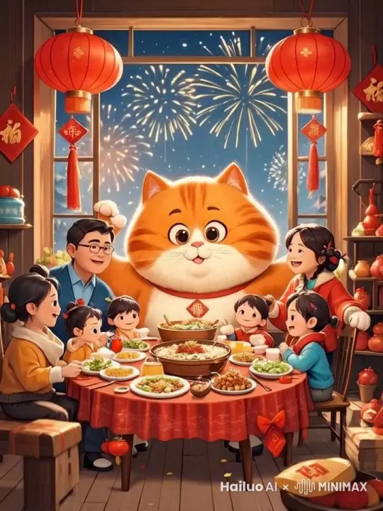 镜头固定，全家人开开心心的吃着饭，窗外放着烟花 by Hailuo AI Video Generator