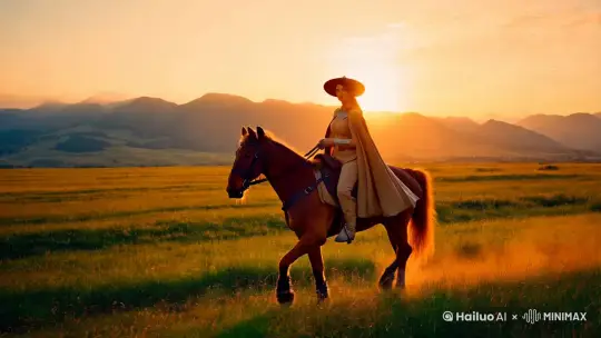 主题: 日落草原上的英姿骑士
场景: 一片辽阔的草原,夕阳挂在天边,金色的余晖洒满大地,远处可见山峦起伏。
角色: 一位身穿浅棕色骑士服的女子,披着风衣,头戴宽檐帽,骑在一匹高大的棕色骏马上。
动作: 女子轻握缰绳,身体微微前倾,目视前方,马儿正迈步前行,扬起几缕尘土。
氛围: 自由而豪迈,夕阳的光辉为整个场景增添了一种史诗感和浪漫的情怀。
细节: 女子的风衣下摆随风飘扬,骏马的鬃毛被微风吹起,金色阳光在女子和马身上勾勒出轮廓。
色调: 金黄与深橙色调交织,带有些许复古滤镜,营造温暖且充满力量的氛围。 by Hailuo AI Video Generator