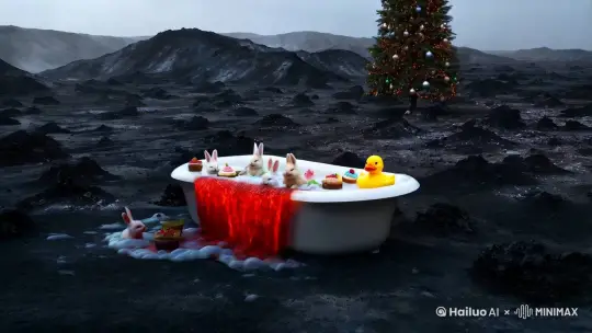 全景 一个巨大的火山熔岩流向浴缸，浴缸全是泡沫和彩色气泡，里面有小兔子和大黄鸭在洗澡，还在吃甜品，她们欢乐很开心。旁边有个巨大的圣诞树。

拍摄建议： 1. 选择一个冰岛类似月球的作为拍摄地点，可以使用月球土壤和火山熔岩来增强画面的真实感。  2. 在拍摄浴缸和火山的特写镜头时，可以使用特写镜头来突出火山和浴缸的细节和特色。 4. 注意画面的光线和色彩，使用柔和的光线和温暖的色彩来营造出轻松愉快的氛围。 道具提示： 1. 浴缸的泡沫和火山熔岩模型或道具。 by Hailuo AI Video Generator