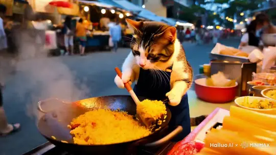 一只小猫在街头摆摊卖炒米饭 by Hailuo AI Video Generator