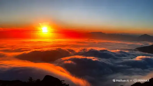 黄山之巅，日出东方，天的尽头出现一缕红霞，太阳出来了，云海滚滚流淌，金色霞光洒满云海，变成了金色的海洋，诸峰林立在金色的云海之中。 by Hailuo AI Video Generator