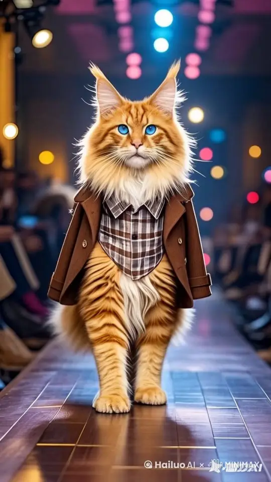 [主体描述]：毛色鲜亮的橘色雄性缅因猫，长相俊俏帅气，蓝色犀利大眼睛深邃迷人，虎斑纹错落有致，主体橘色，胸腹洁白绒毛，着英式格子衬衫和咖色精致外套，衬衫格子纹细腻，外套缝线精致
[运动描述]：以坚定有力步伐沿笔直路线朝屏幕走来，沉稳优雅
[场景描述]：被绚丽明亮灯光照亮的走秀台，台下是惊喜赞叹的观众，表情兴奋，目光闪烁
[技术要求]：固定镜头升格，8K 画质，HD 高清电影质感，色彩鲜艳饱满，细节清晰锐利，宛如大师杰作，特写镜头聚焦眼睛、腹部绒毛、爪子、衬衫格子与外套缝线 by Hailuo AI Video Generator