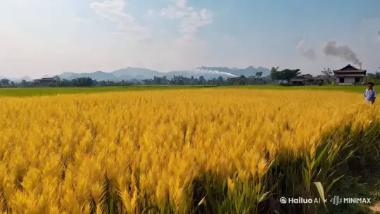 
在一片辽阔的稻田中，金黄色的稻穗低垂，微风拂过，掀起层层金浪。稻田间，一颗颗稻穗粗壮茂密，仿佛高过人头，形成一片天然的凉棚。阳光洒下，透过稻叶，斑驳的光影落在地面上。一位农夫站在稻田旁，感受清新的稻香和夏日微风。远处是一座小村庄的轮廓，炊烟袅袅。天空湛蓝，偶有几朵白云缓缓飘过，整个画面充满宁静与田园风情。 by Hailuo AI Video Generator
