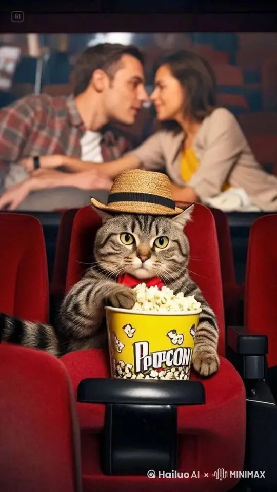 后面情侣在拥吻，前面猫咪把爆米花放进嘴里吃，吃完竖中指，大师运镜 by Hailuo AI Video Generator