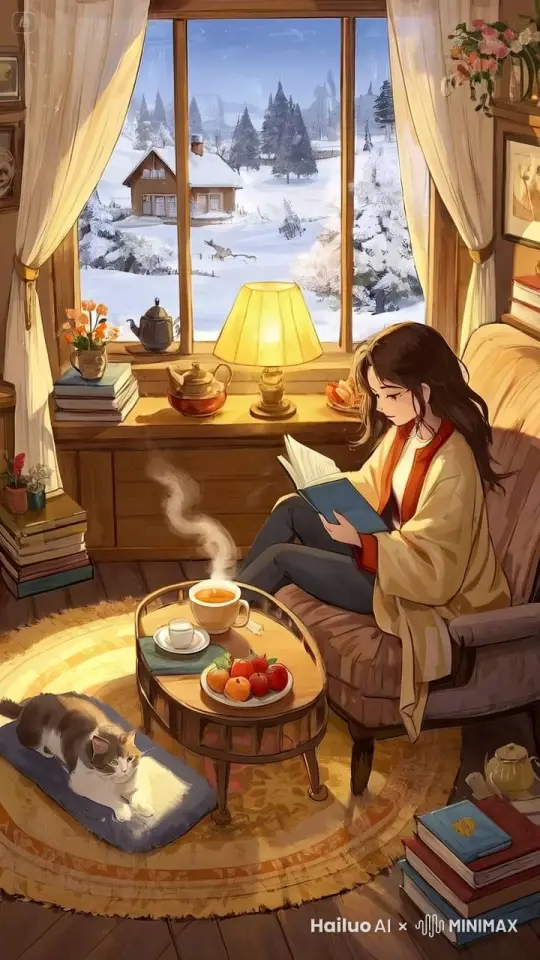不运镜，窗外下雪，翻书，茶杯的热气自然摆动，猫摇尾巴，花朵摆动，人物后躺 by Hailuo AI Video Generator