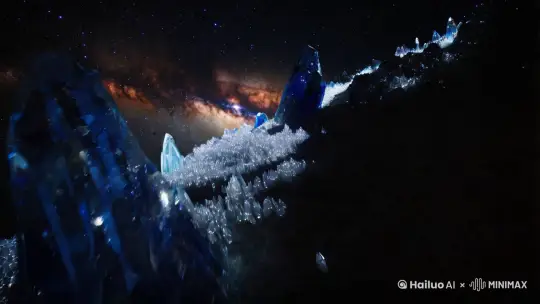 在深邃而浩渺的宇宙之中，极广角镜头从一侧缓缓开启，我们仿佛置身于一个神秘而奇幻的世界边缘。镜头平移，展示出整个银河系如一条璀璨夺目的光带横跨画面。这光带并非寻常所见，而是由无数微小的水晶组成，每一颗水晶都闪烁着神秘而绚烂的光芒。星团宛如镶嵌在水晶光带上的巨大宝石，散发着柔和而迷人的光辉，它们的表面有着水晶般的纹理和质感。星云如同梦幻的纱幔，在水晶光芒的映衬下显得更加绚丽多彩，其内部仿佛隐藏着无尽的奥秘。整个宇宙空间弥漫着璀璨的星光和水晶的光辉，营造出一种如梦如幻、令人陶醉的氛围。 by Hailuo AI Video Generator