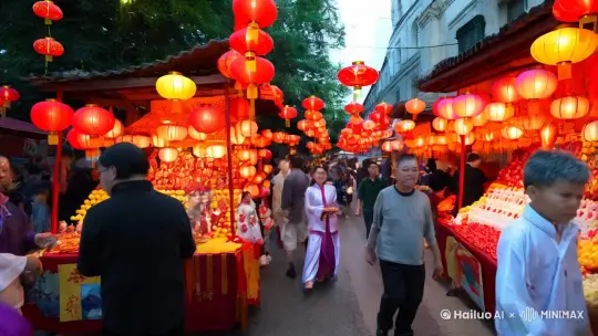 过年了，夜晚街上挂着灯笼，人群攒动，有的摊位在卖年画，有的摊位在卖泥人，有的摊位在卖糖葫芦，街上的人有的人穿着古装，手里拿着灯笼，有的小孩手里拿着糖葫芦，人们脸上笑意盈盈 by Hailuo AI Video Generator