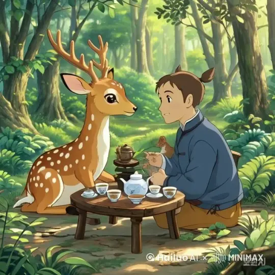 人物在泡中式茶，邀请小鹿一起喝茶。表情亲昵，动作自然流畅 by Hailuo AI Video Generator
