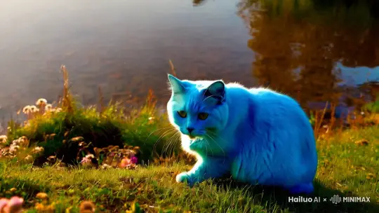 蓝色的胖猫人在河边说话然后跳河 by Hailuo AI Video Generator