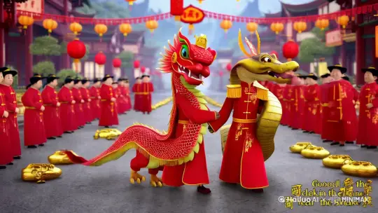 景别：全景
视频画面内容：一条拟人化的龙和一条拟人化的蛇，拟人化的蛇拉着拟人化的龙的手，祝大家蛇年快乐，背景是中国春节过年气氛的背景，画面欢乐愉快，色彩喜庆，身上都穿着喜庆的红色服装，画面底部有四散落地的很多大小不一的金元宝，画面左边写着辞旧迎新，画面右边写着蛇年大吉。 by Hailuo AI Video Generator