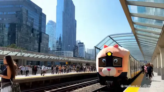 • 场景设定:在繁忙的城市街道旁,一个现代化的地铁站台。站台上有等待的乘客,背景是高楼大厦和川流不息的车流。• 主角介绍:一辆独特的毛绒地铁,车头设计成可爱的小猫头,眼睛闪烁着温暖的光芒,耳朵随着地铁的行驶微微摆动。• 动作描述:地铁从远处缓缓驶来,随着距离的缩短,毛绒地铁的细节逐渐清晰可见。小猫头的地铁在轨道上平稳行驶,车厢部分由柔软的毛绒材质构成,给人一种温暖舒适的感觉。• 氛围营造:阳光透过站台的玻璃顶棚洒在地面上,形成斑驳的光影。随着地铁的靠近,站台上的乘客们露出惊讶和好奇的表情,纷纷拿出手机拍照。• 音效配合:地铁行驶的声音柔和而有节奏,伴随着轻快的背景音乐,营造出一种梦幻而温馨的氛围。• 结尾画面:地铁平稳停靠在站台,车门缓缓打开,乘客们兴奋地登上这辆独特的毛绒地铁,车厢内也充满了小猫图案的装饰,增添了更多的趣味性. by Hailuo AI Video Generator