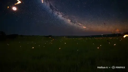 一个茂盛的草丛中，萤火虫飞舞着，随意的萤火虫，星空烂漫，月光皎洁，一副祥和的自然风景画，辽阔，广袤无垠 by Hailuo AI Video Generator